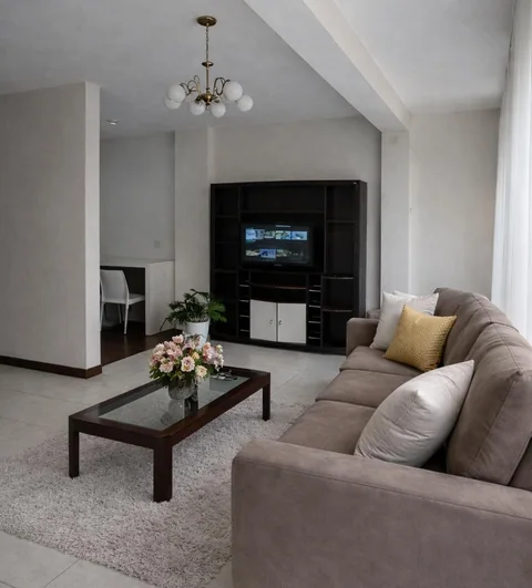 Sala con sofá, mesa de centro y mueble para televisor